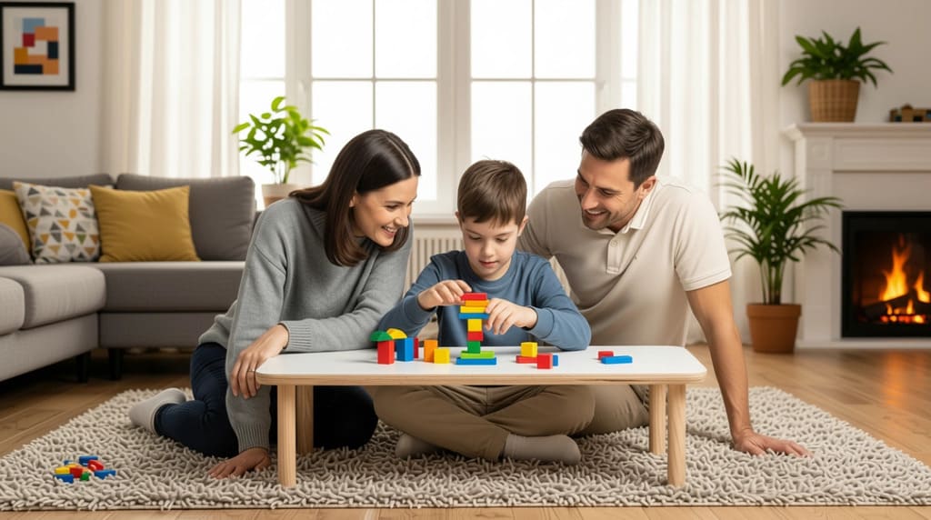 an autistic boy building blocks with his parents